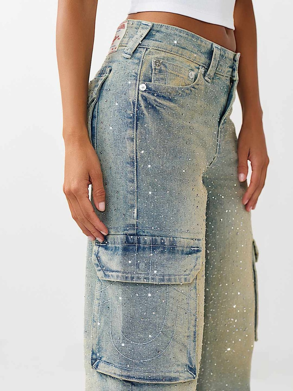 True Religion Bobbi Mid Rise Crystal Flap Baggy Cargo Jean - Picture 7 of 16
